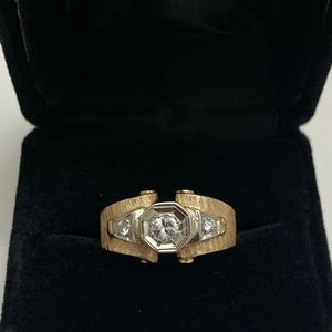 14K Y&W Gold ring set with 3 old miner Diamonds, satin& high polish finish